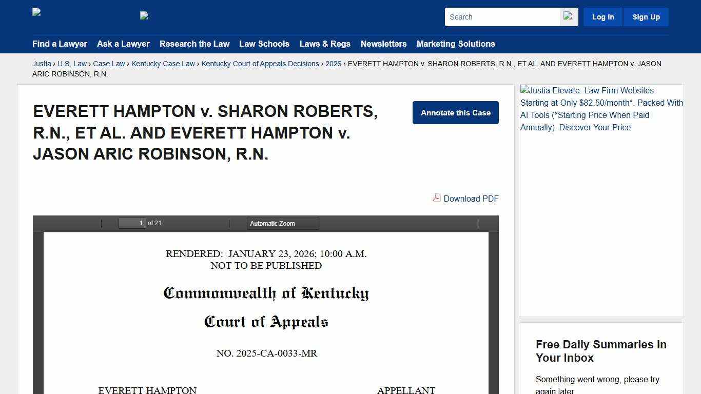 EVERETT HAMPTON v. SHARON ROBERTS, R.N., ET AL. AND EVERETT HAMPTON v. JASON ARIC ROBINSON, R.N. :: 2026 :: Kentucky Court of Appeals Decisions :: Kentucky Case Law :: Kentucky Law :: U.S. Law :: Justia