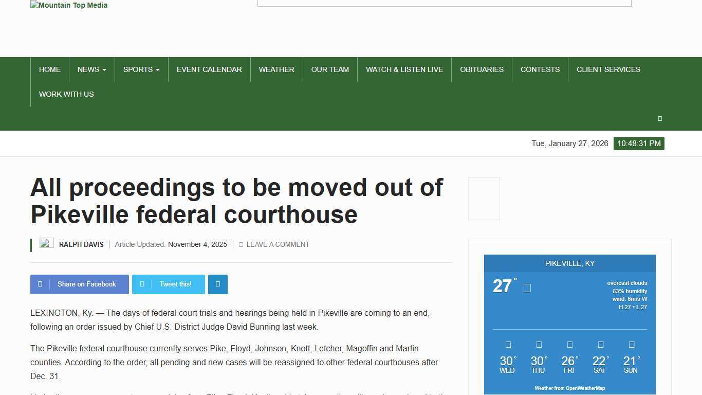 All proceedings to be moved out of Pikeville federal courthouse - Mountain Top Media