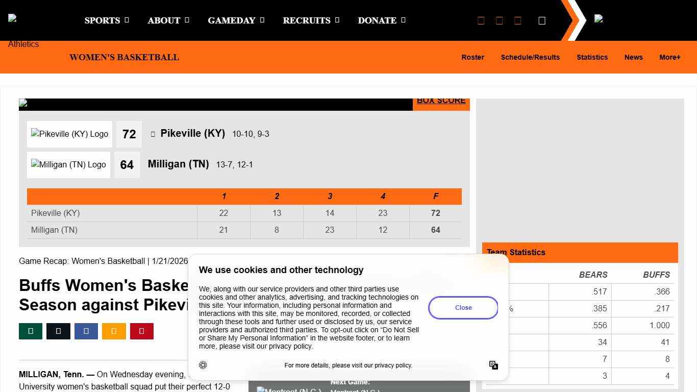 Buffs Women's Basketball Drops First Conference Tilt of Season against Pikeville - Milligan University
